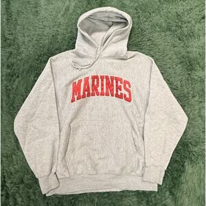 Vintage PRO-WEAVE Marines USMC Pullover Hoodie Sweatshirt Gray Red Embroidered M